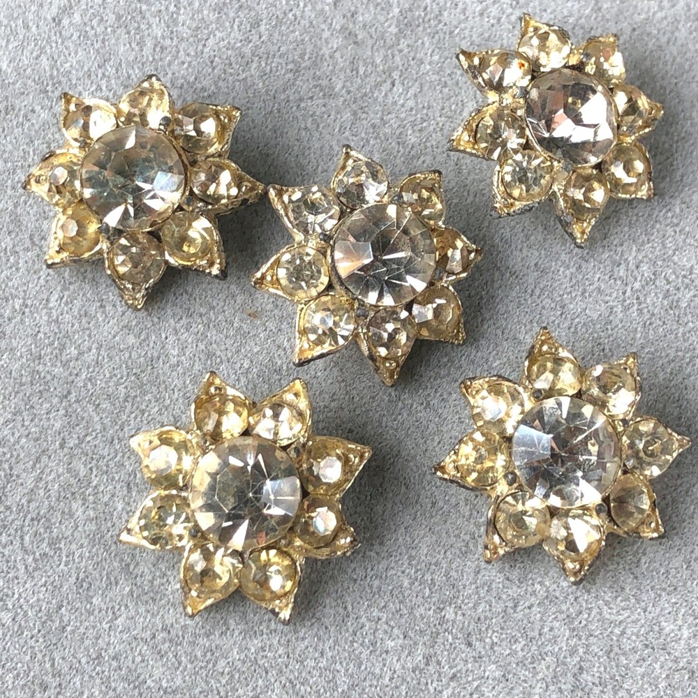 Vintage Buttons Set of 5 Clear Rhinestone Starburst Gold Tone Shank 0.75" 17.5mm